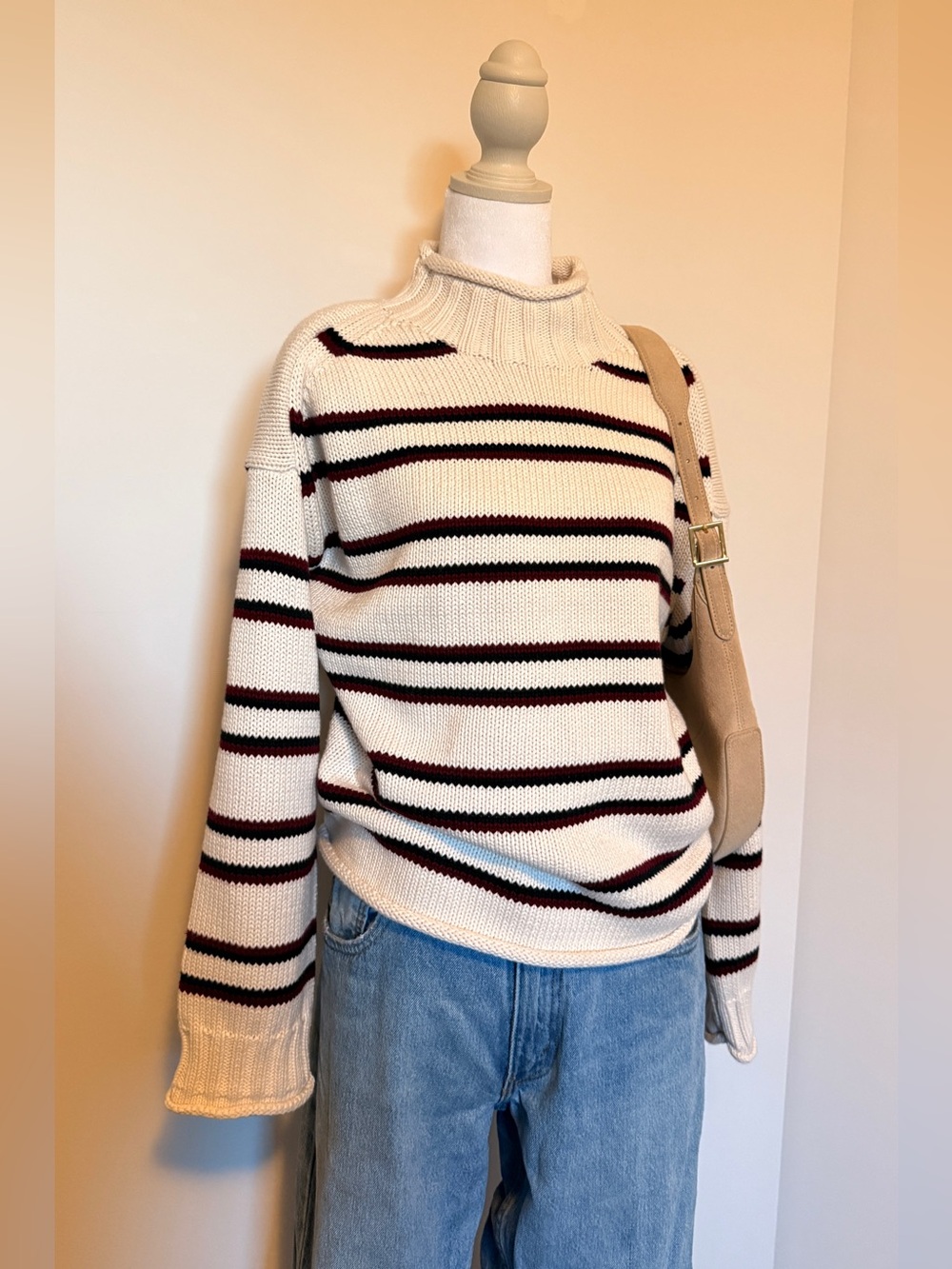 NWT Magaschoni Women's Cream Striped Knit Sweater - Classic Crewneck